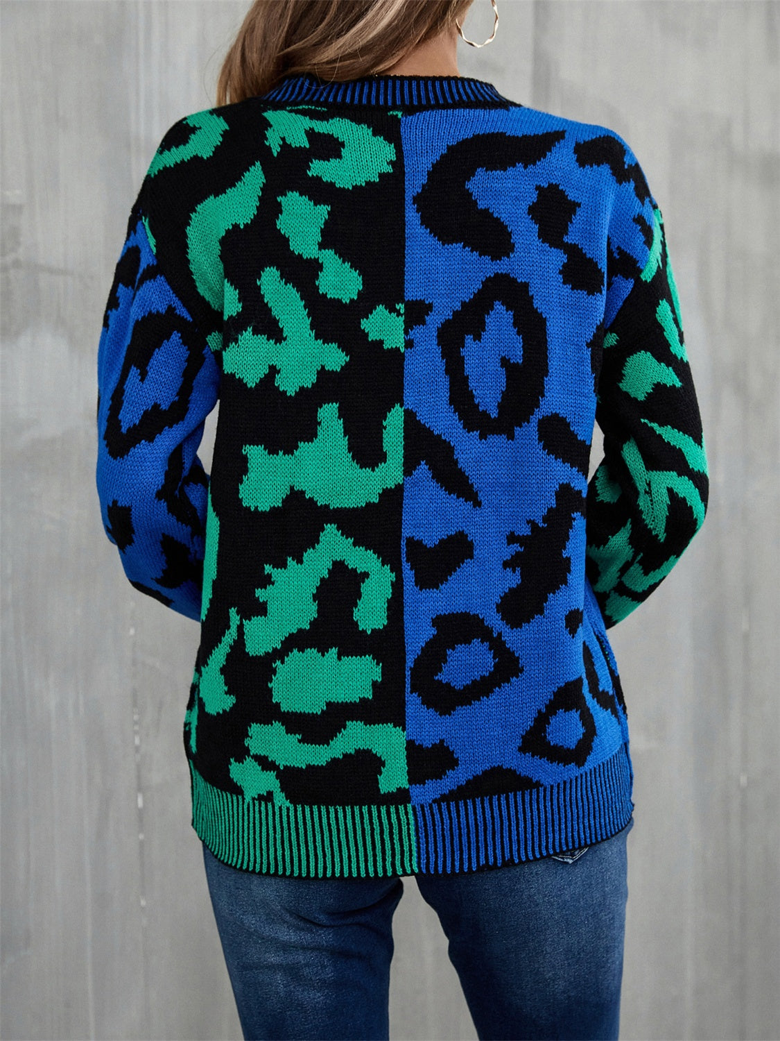 Leopard Round Neck Long Sleeve Sweater BLUE ZONE PLANET
