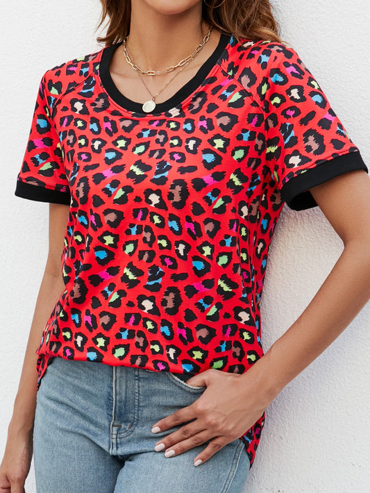 Leopard Round Neck Short Sleeve Tee Shirt BLUE ZONE PLANET