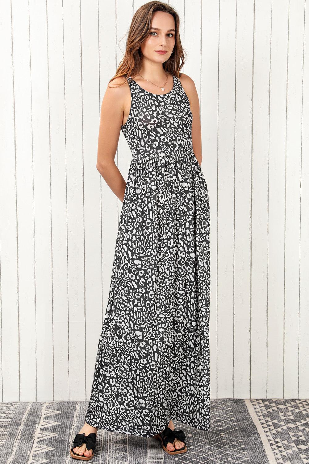 Leopard Round Neck Sleeveless Maxi Dress BLUE ZONE PLANET