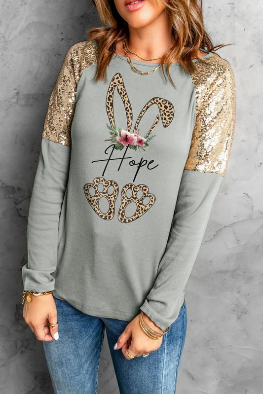 Leopard Sequin Round Neck Long Sleeve Top BLUE ZONE PLANET