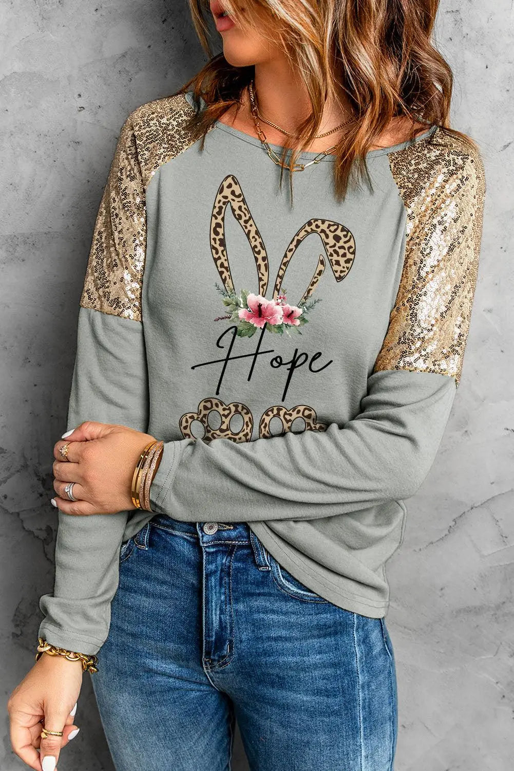 Leopard Sequin Round Neck Long Sleeve Top BLUE ZONE PLANET