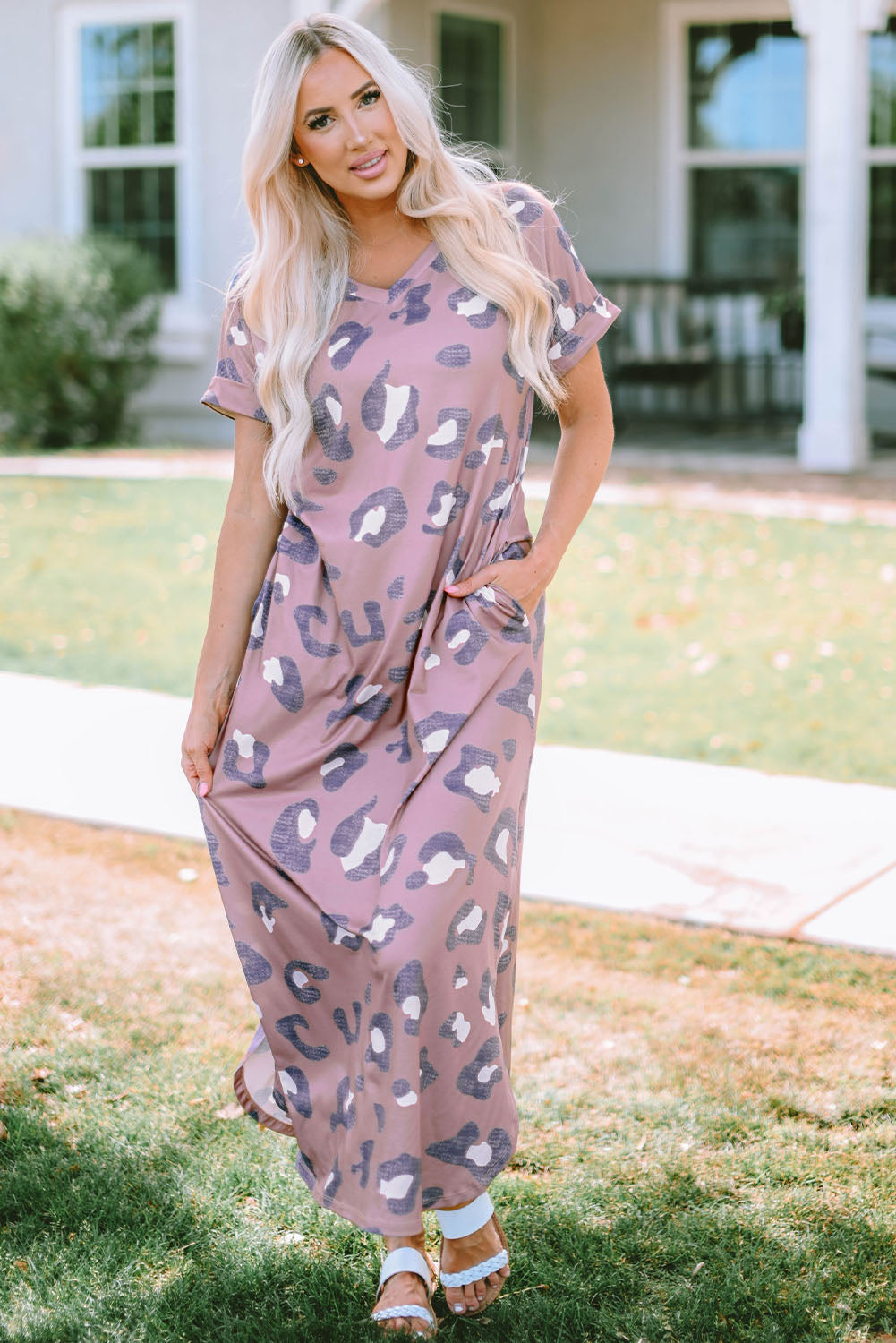 Leopard Slit Dress with Pockets BLUE ZONE PLANET