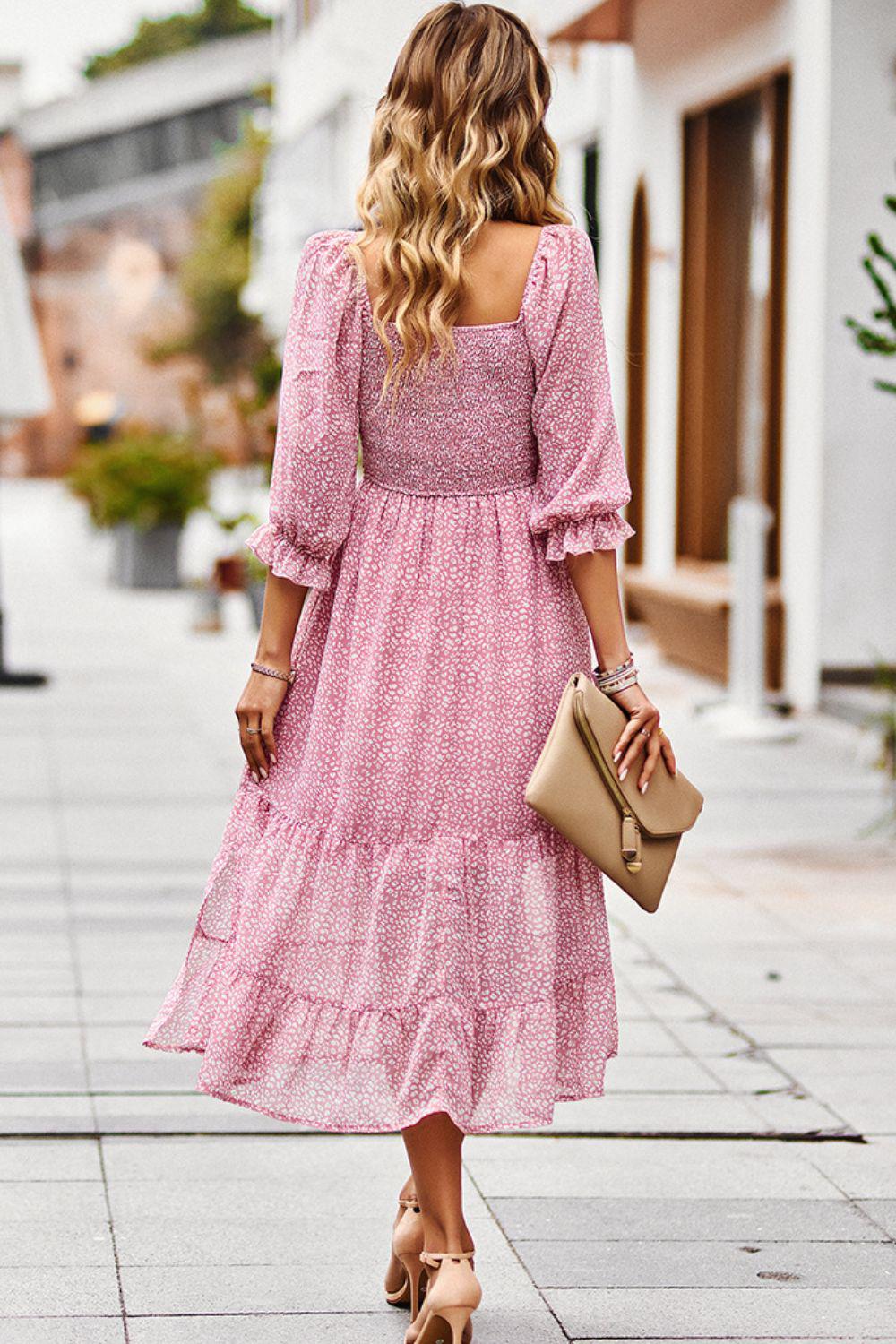 Leopard Square Neck Flounce Sleeve Midi Dress BLUE ZONE PLANET