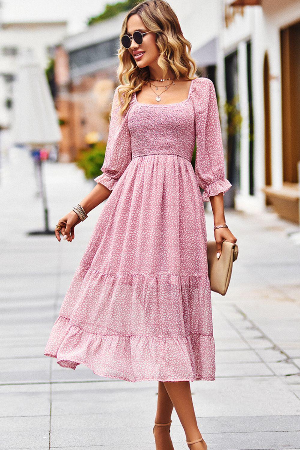 Leopard Square Neck Flounce Sleeve Midi Dress BLUE ZONE PLANET