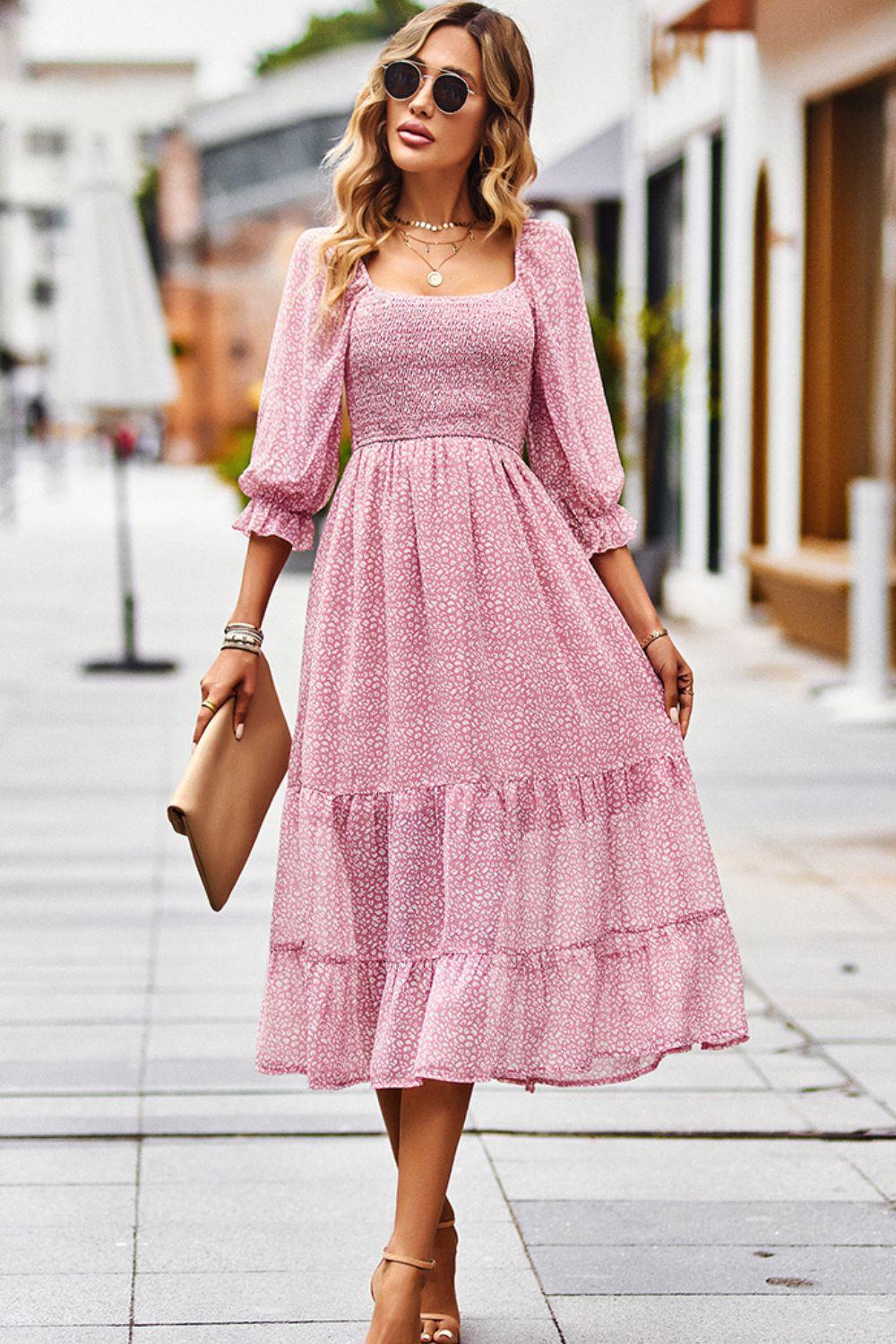 Leopard Square Neck Flounce Sleeve Midi Dress BLUE ZONE PLANET