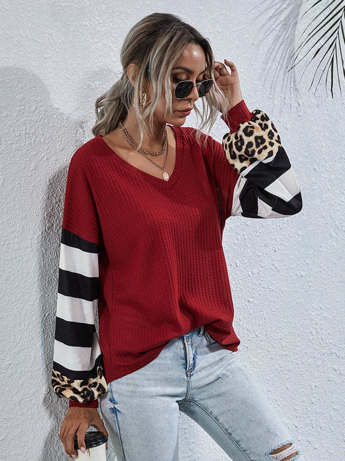 Leopard Striped Waffle-Knit Top BLUE ZONE PLANET