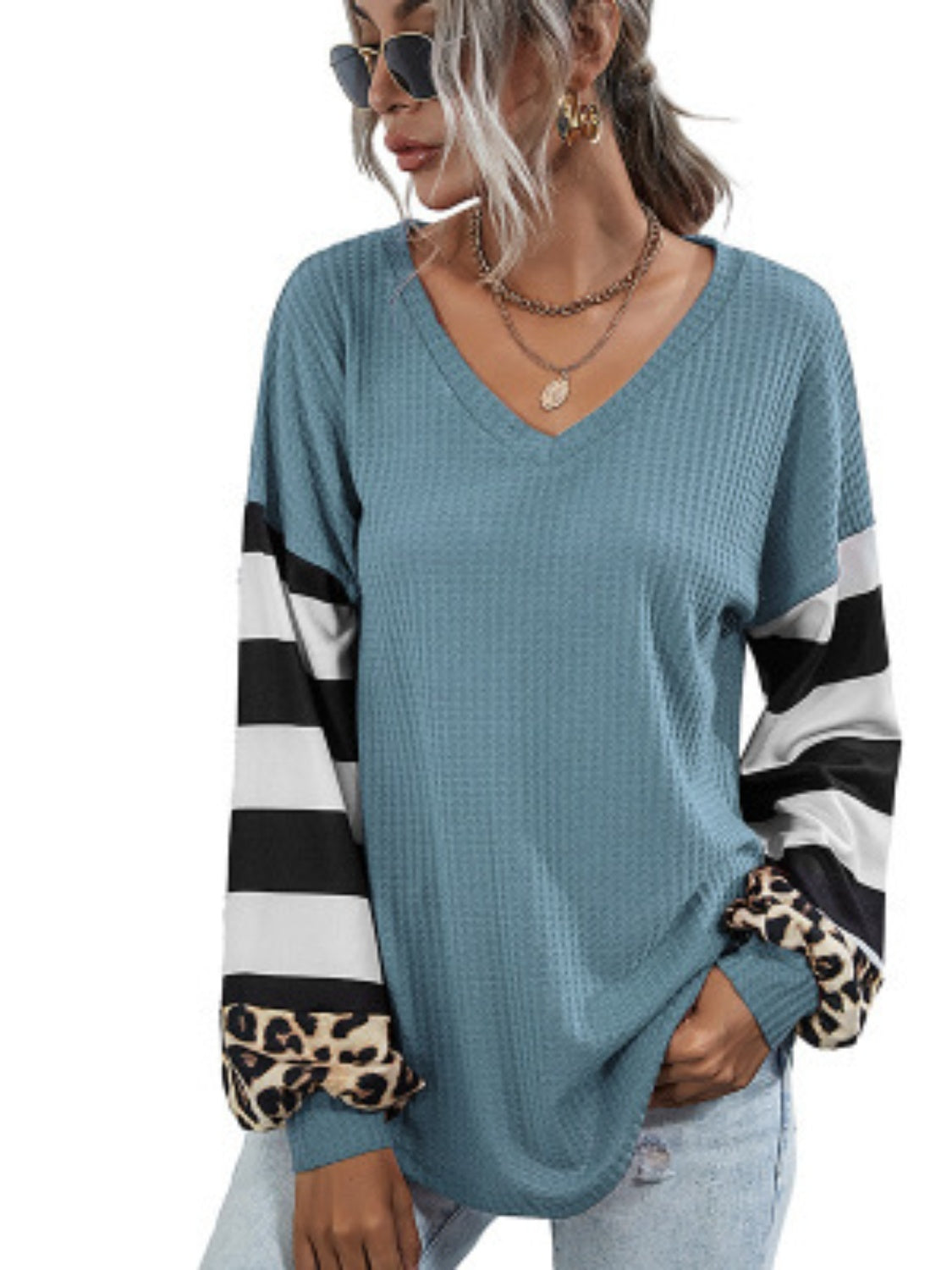 Leopard Striped Waffle-Knit Top BLUE ZONE PLANET