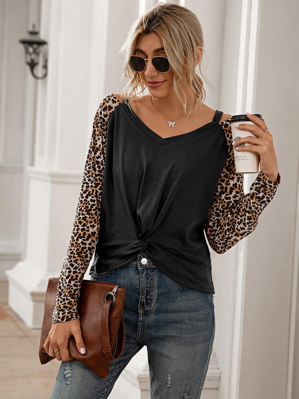 Leopard Twist Front Cold-Shoulder Tee BLUE ZONE PLANET