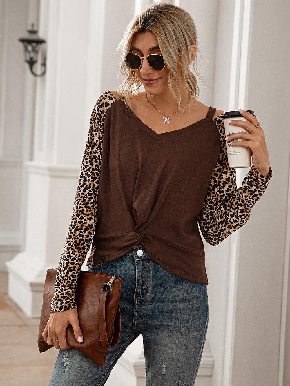 Leopard Twist Front Cold-Shoulder Tee BLUE ZONE PLANET