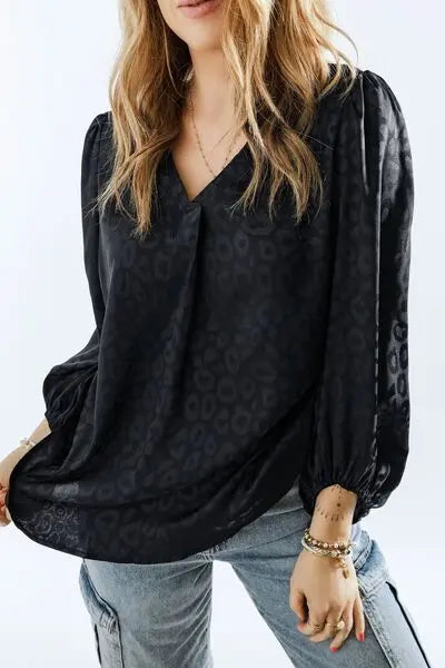 Leopard V-Neck Balloon Sleeve Blouse BLUE ZONE PLANET