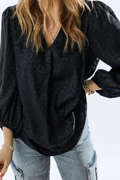 Leopard V-Neck Balloon Sleeve Blouse BLUE ZONE PLANET