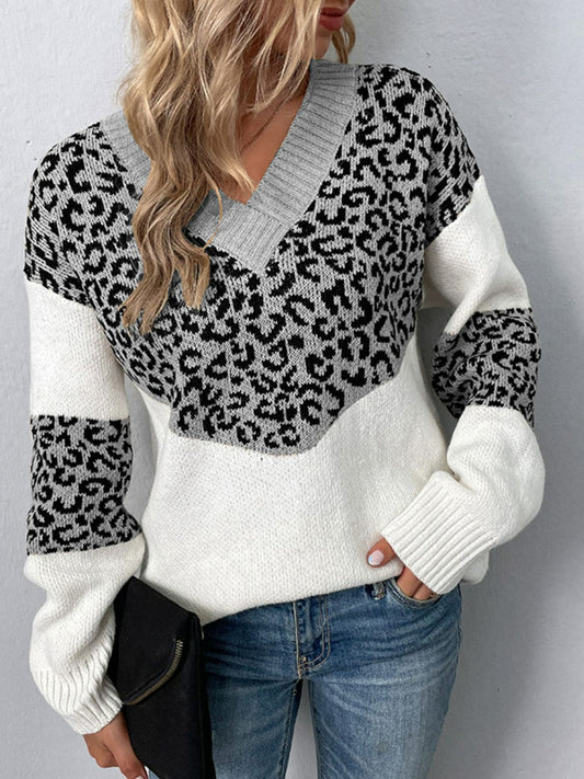 Leopard V-Neck Dropped Shoulder Sweater BLUE ZONE PLANET