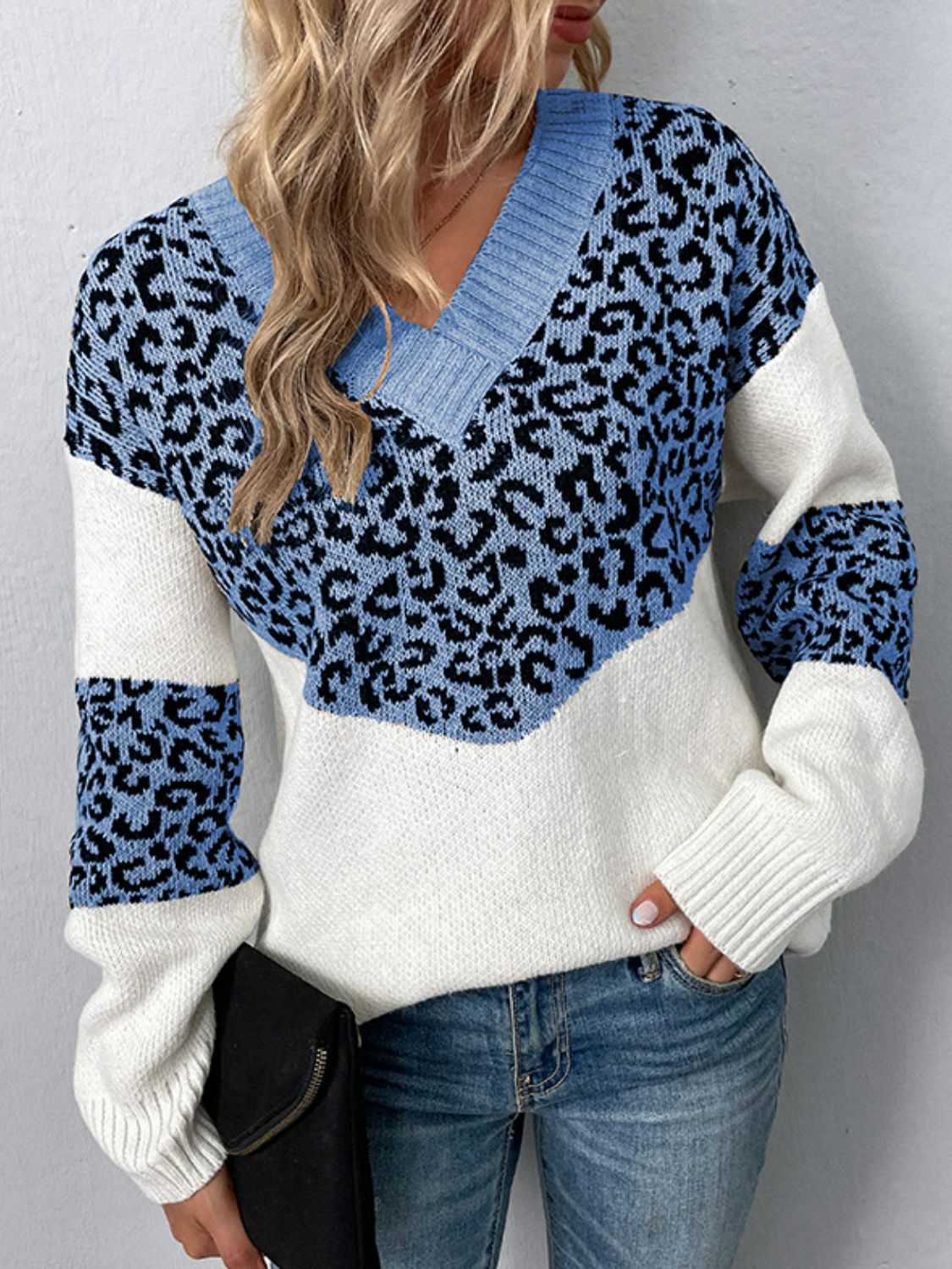 Leopard V-Neck Dropped Shoulder Sweater BLUE ZONE PLANET