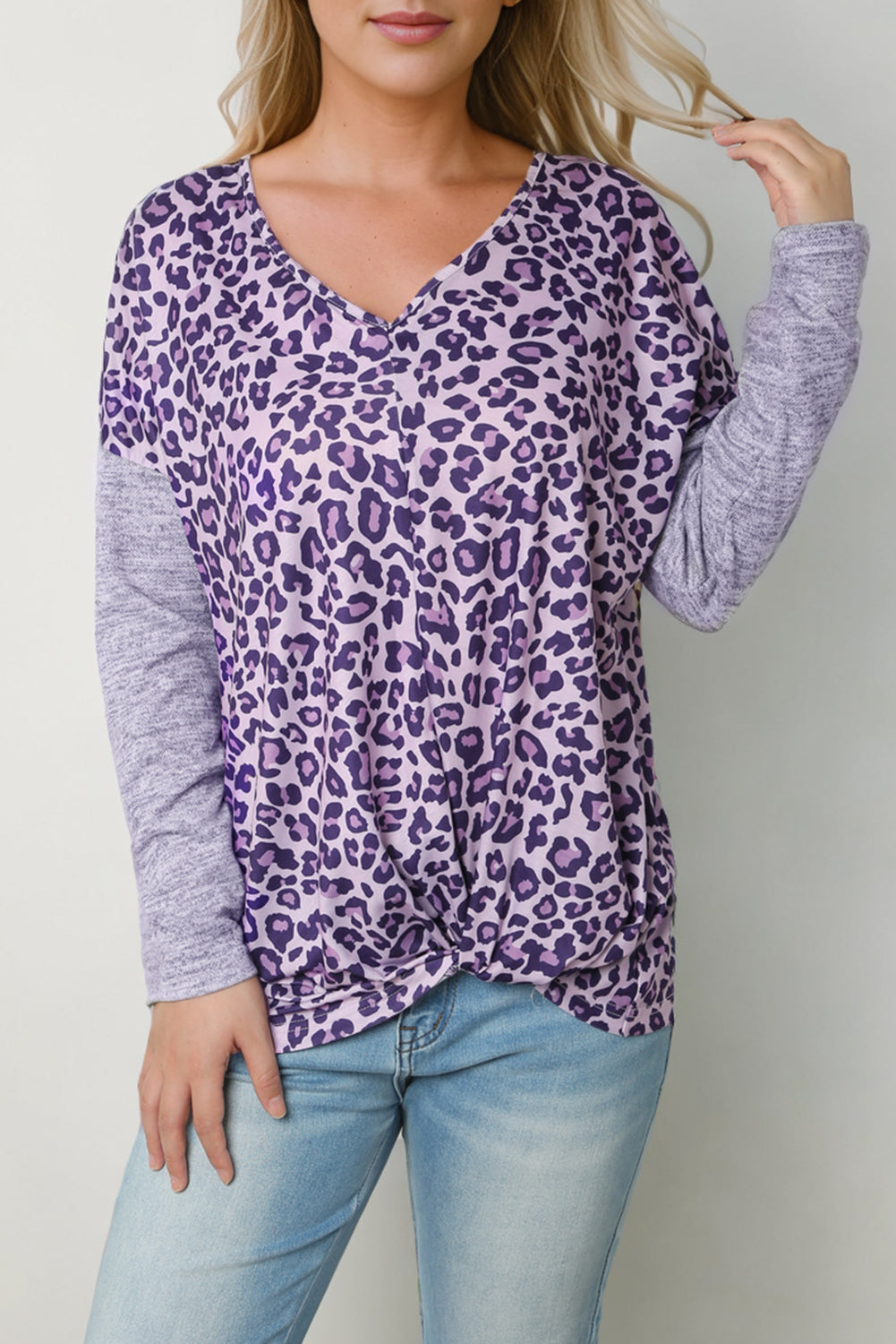 Leopard V-Neck Long Sleeve T-Shirt BLUE ZONE PLANET