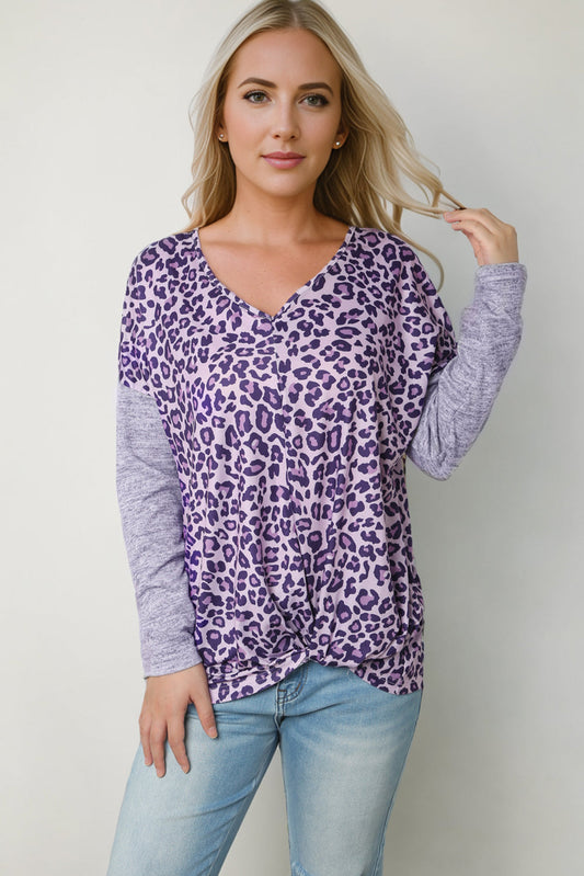 Leopard V-Neck Long Sleeve T-Shirt BLUE ZONE PLANET