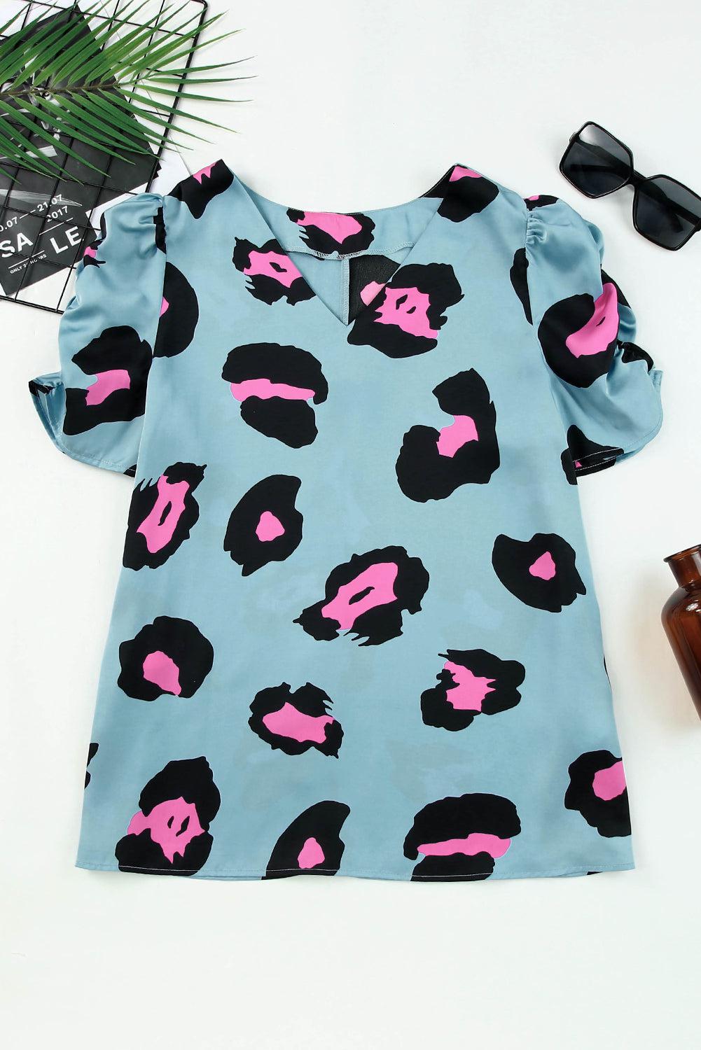 Leopard V-Neck Puff Sleeve Top BLUE ZONE PLANET