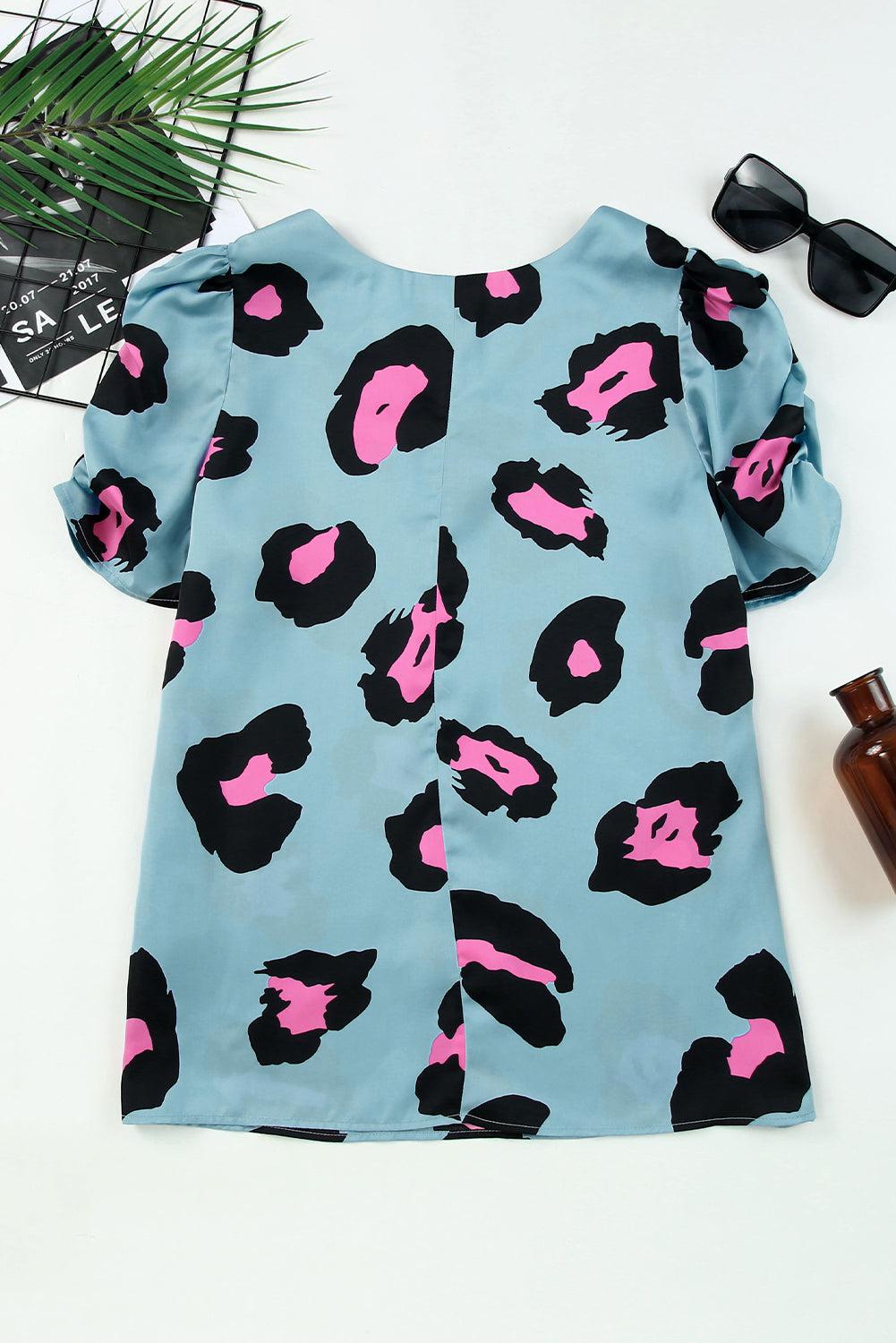 Leopard V-Neck Puff Sleeve Top BLUE ZONE PLANET