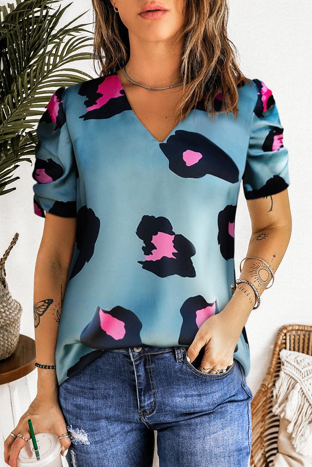 Leopard V-Neck Puff Sleeve Top BLUE ZONE PLANET