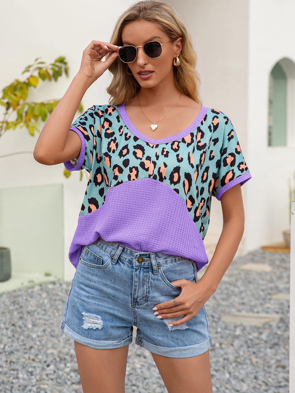 Leopard Waffle-Knit Short Sleeve Top BLUE ZONE PLANET