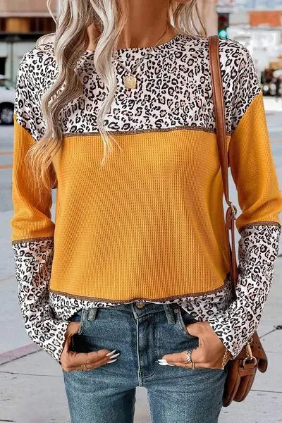 Leopard Waffle-knit Long Sleeve T-Shirt BLUE ZONE PLANET