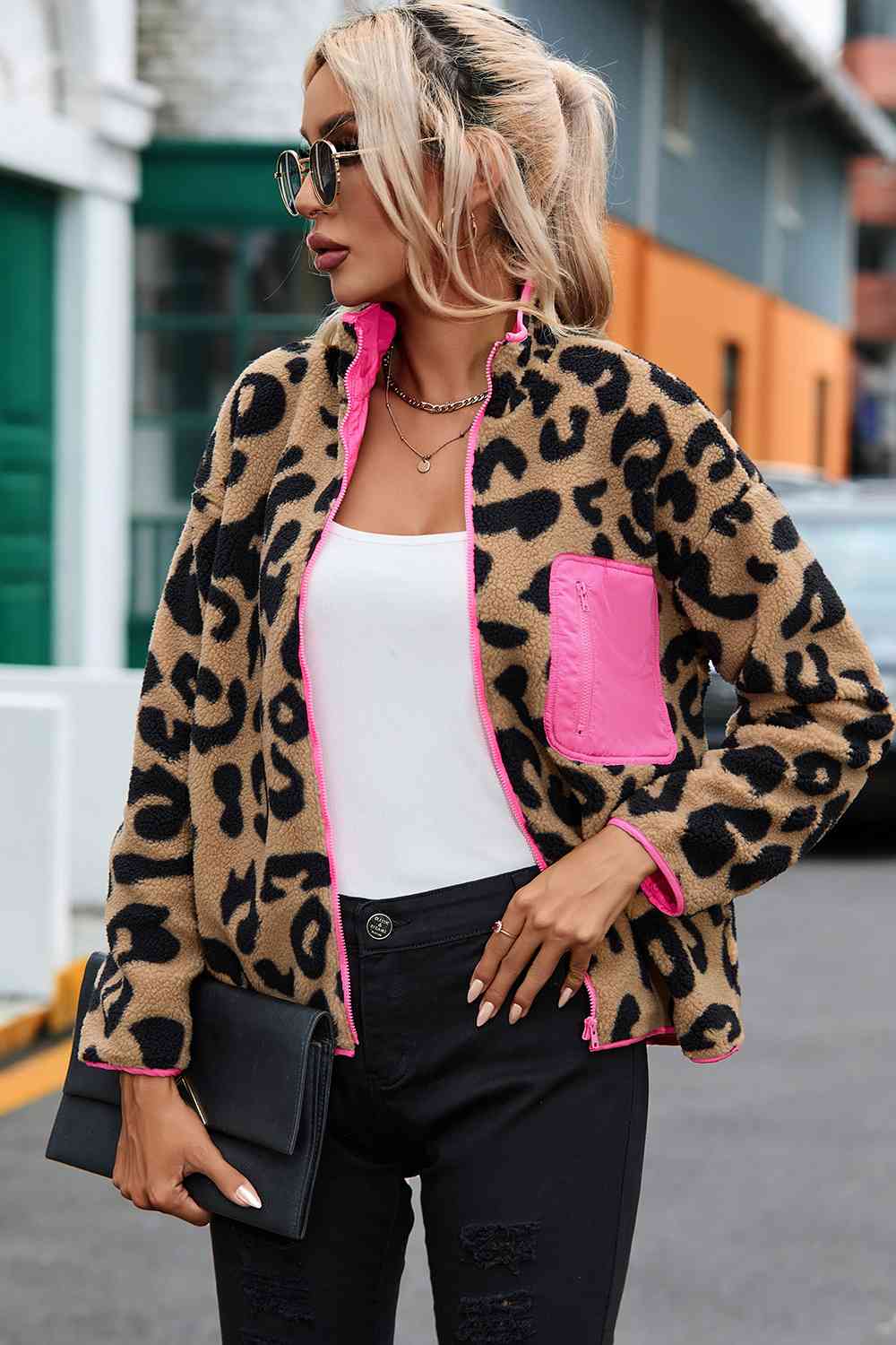 Leopard Zip-Up Dropped Shoulder Jacket BLUE ZONE PLANET