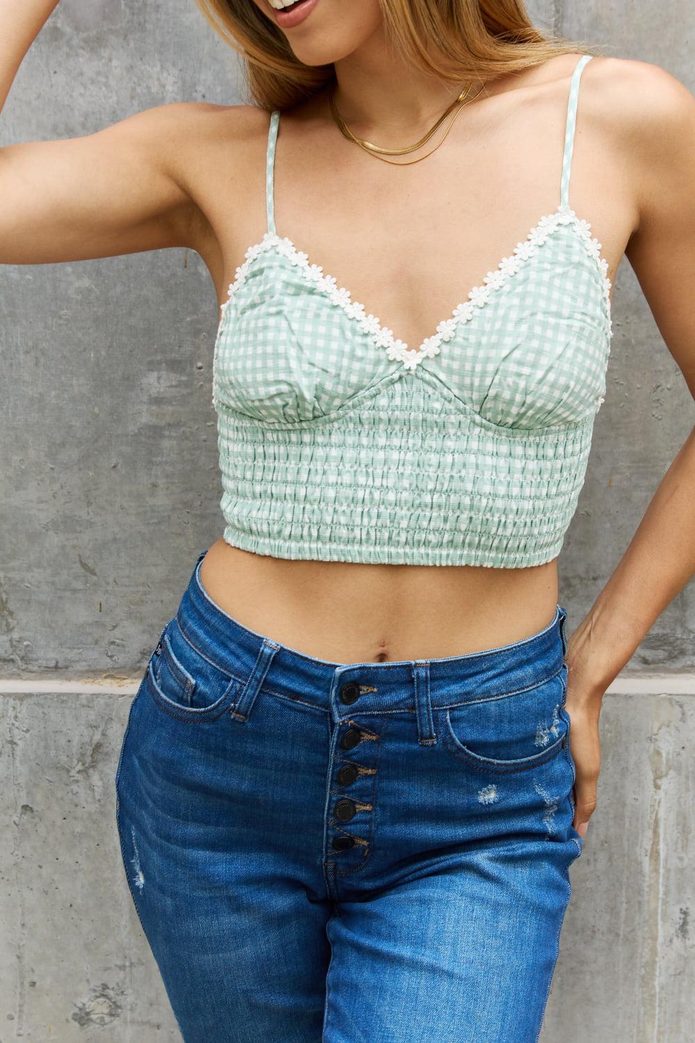 Leto Gingham Daisy Trim Smocked Bustier in Sage BLUE ZONE PLANET