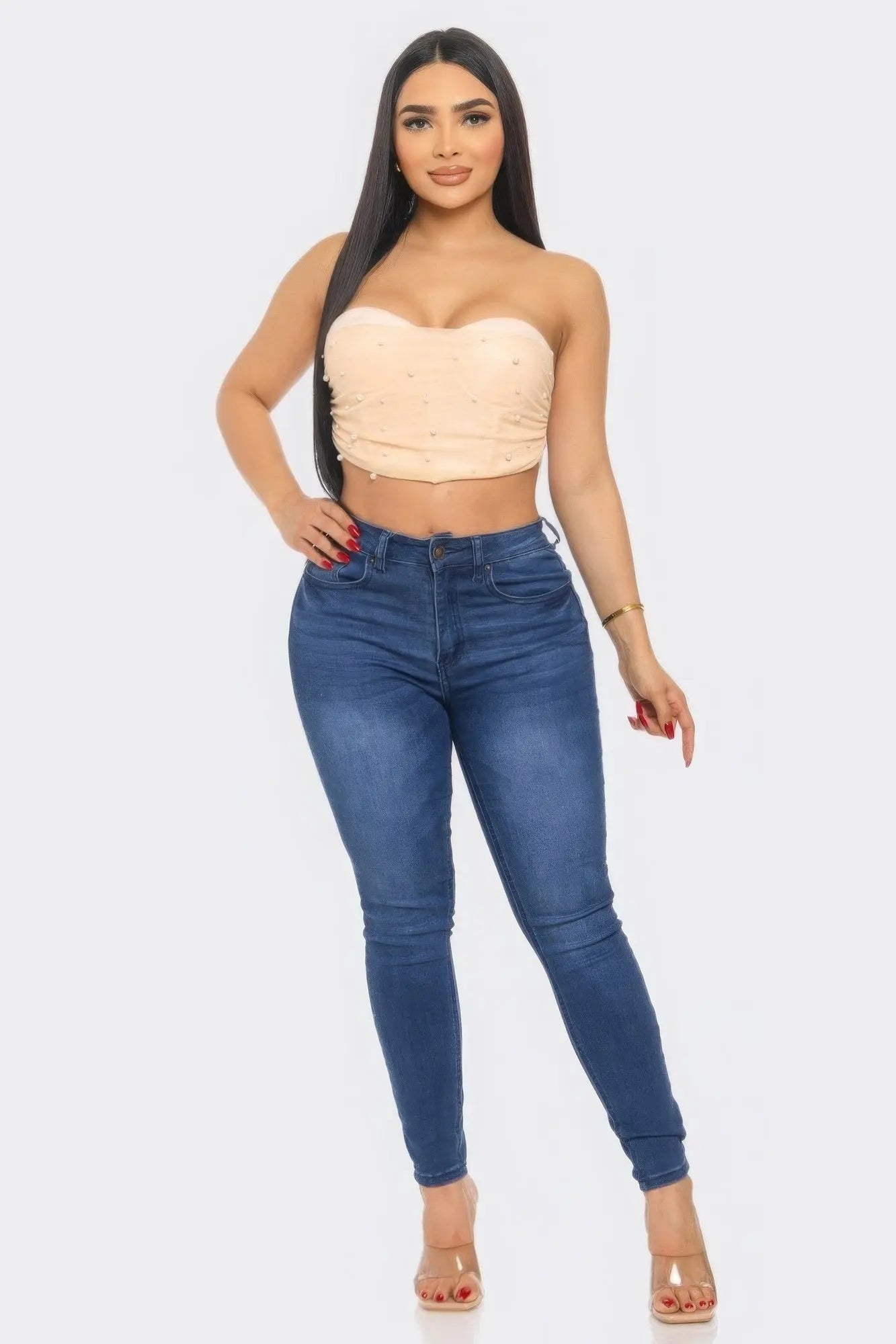 Lexi's Pearl Studded Mesh Tube Top Blue Zone Planet