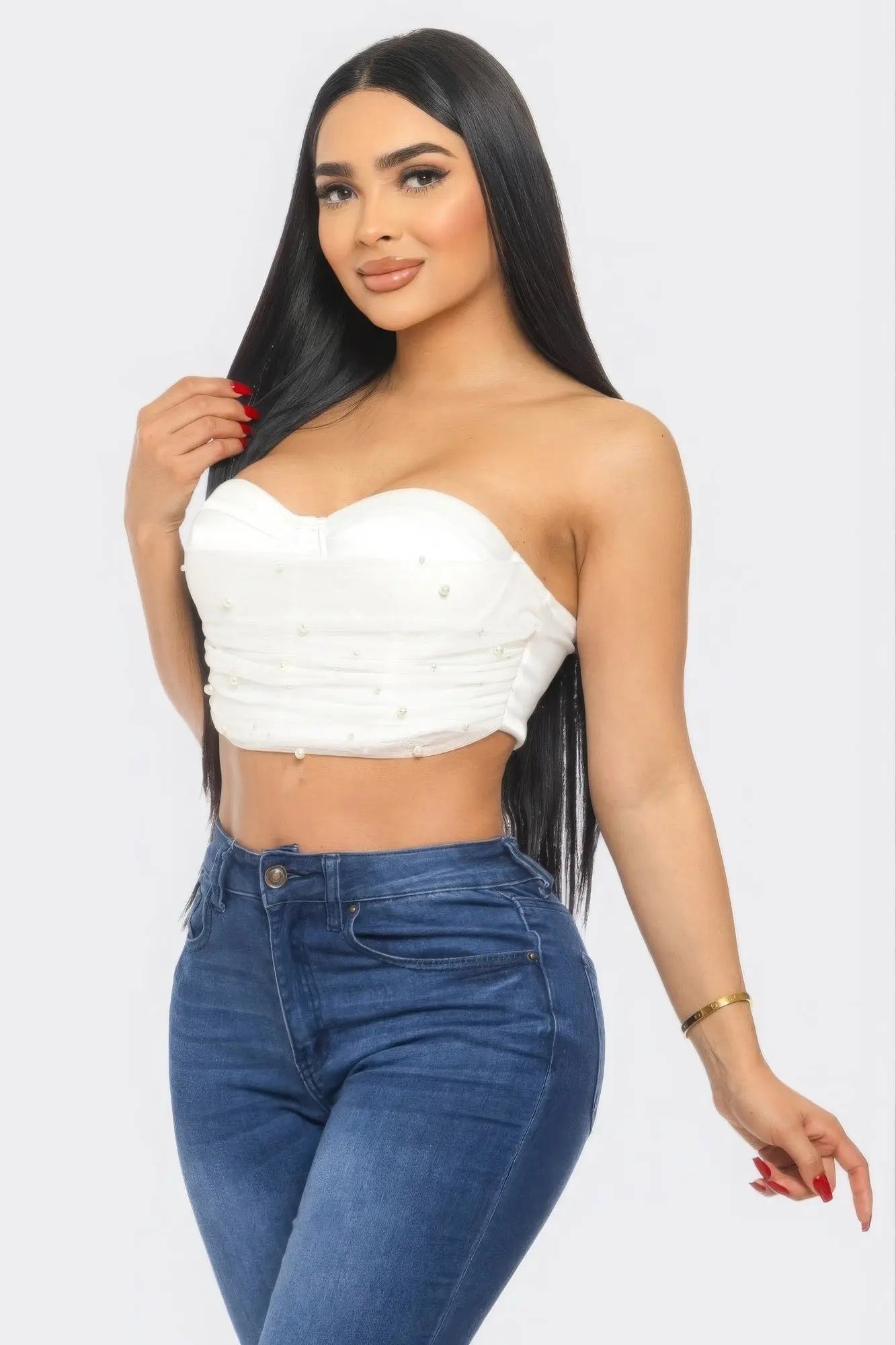 Lexi's Pearl Studded Mesh Tube Top Blue Zone Planet