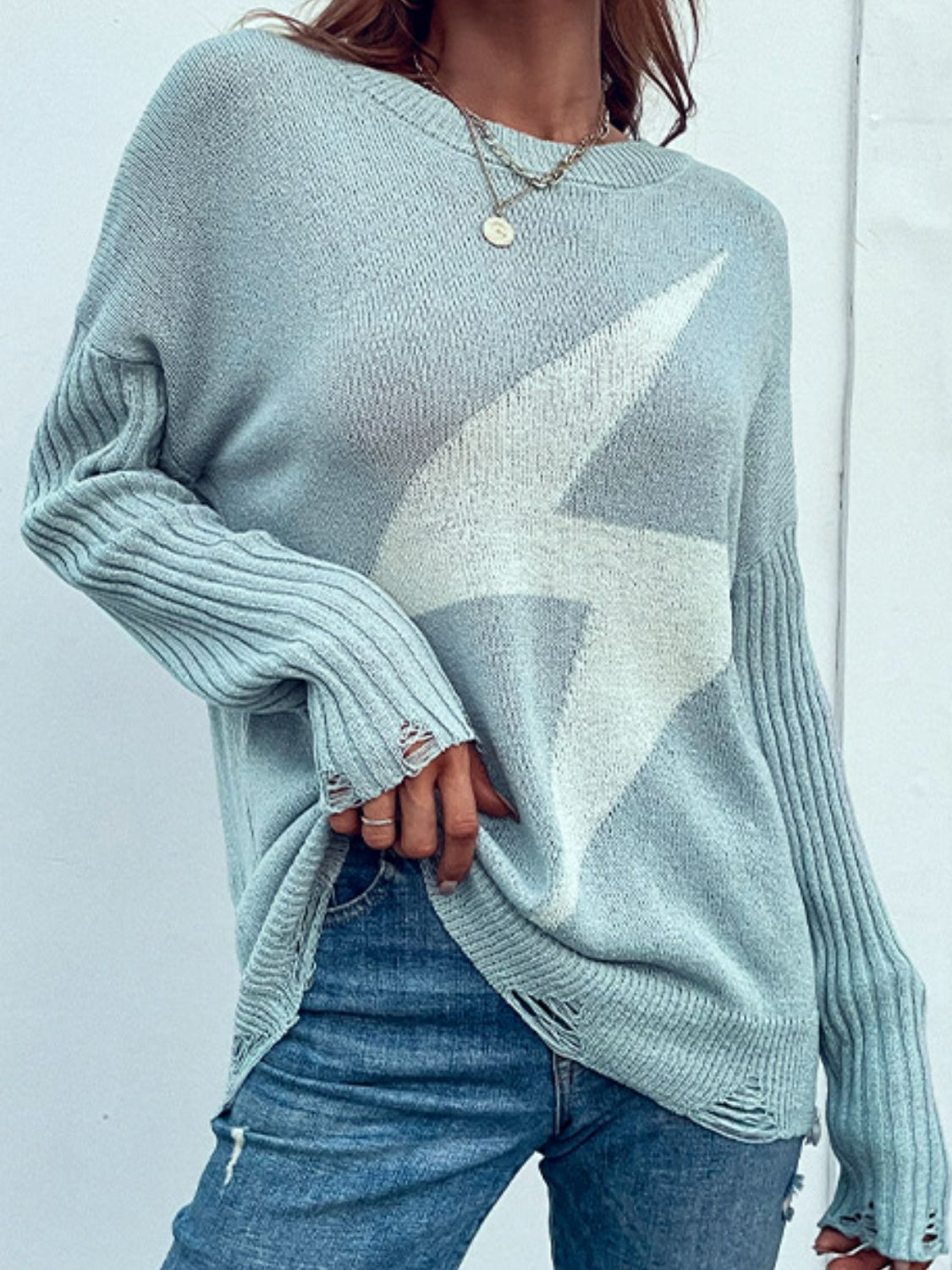 Lightning Graphic Distressed Sweater-TOPS / DRESSES-[Adult]-[Female]-2022 Online Blue Zone Planet