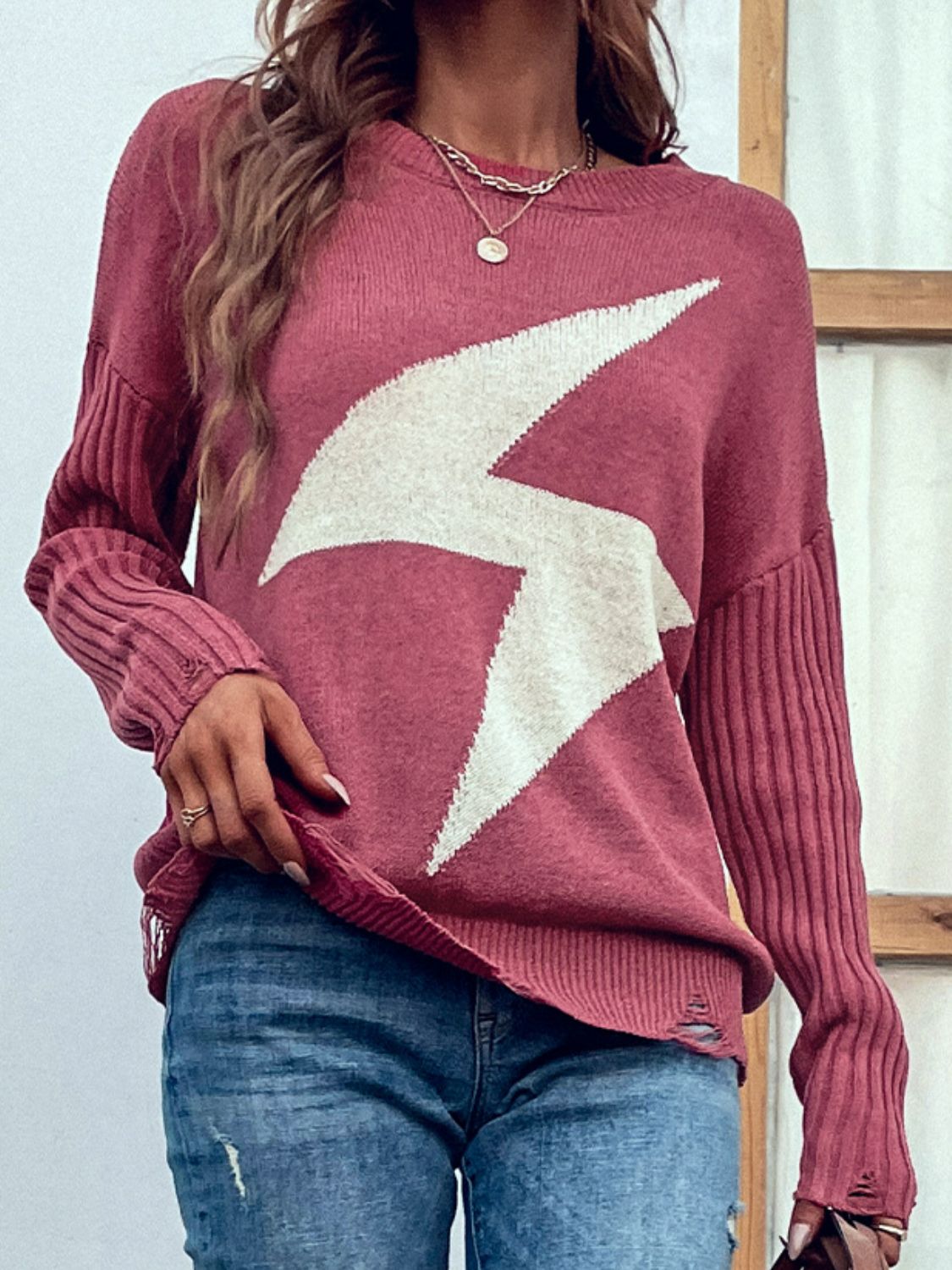 Lightning Graphic Distressed Sweater-TOPS / DRESSES-[Adult]-[Female]-Light Mauve-S-2022 Online Blue Zone Planet