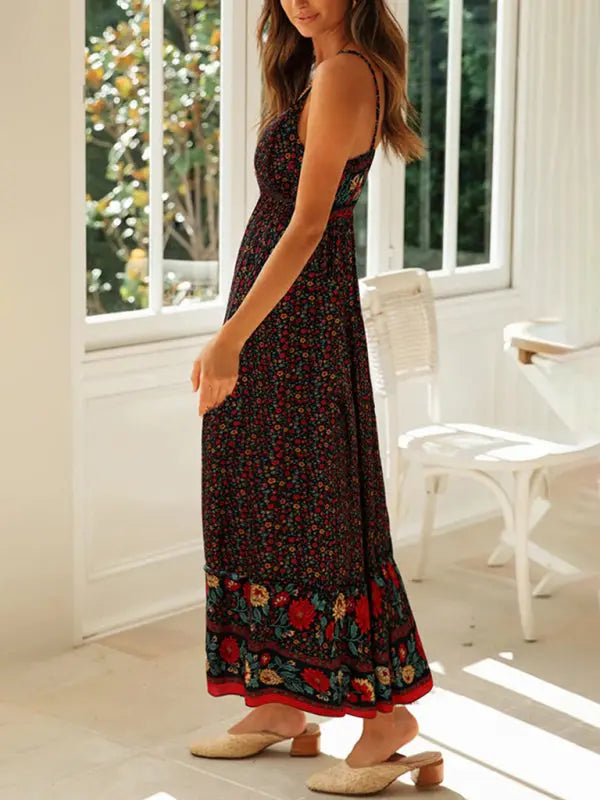 Lily's Bohemian V-Neck Floral Maxi Dress BLUE ZONE PLANET