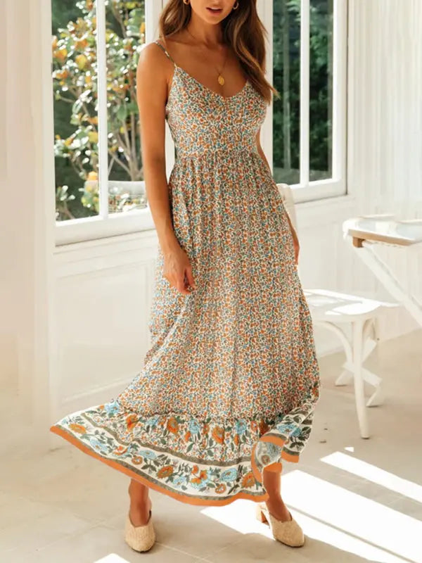 Lily's Bohemian V-Neck Floral Maxi Dress BLUE ZONE PLANET