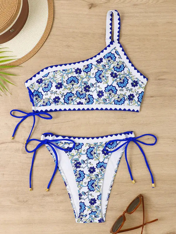 Lily's One-Shoulder Fresh Print Lace-Up Bikini BLUE ZONE PLANET