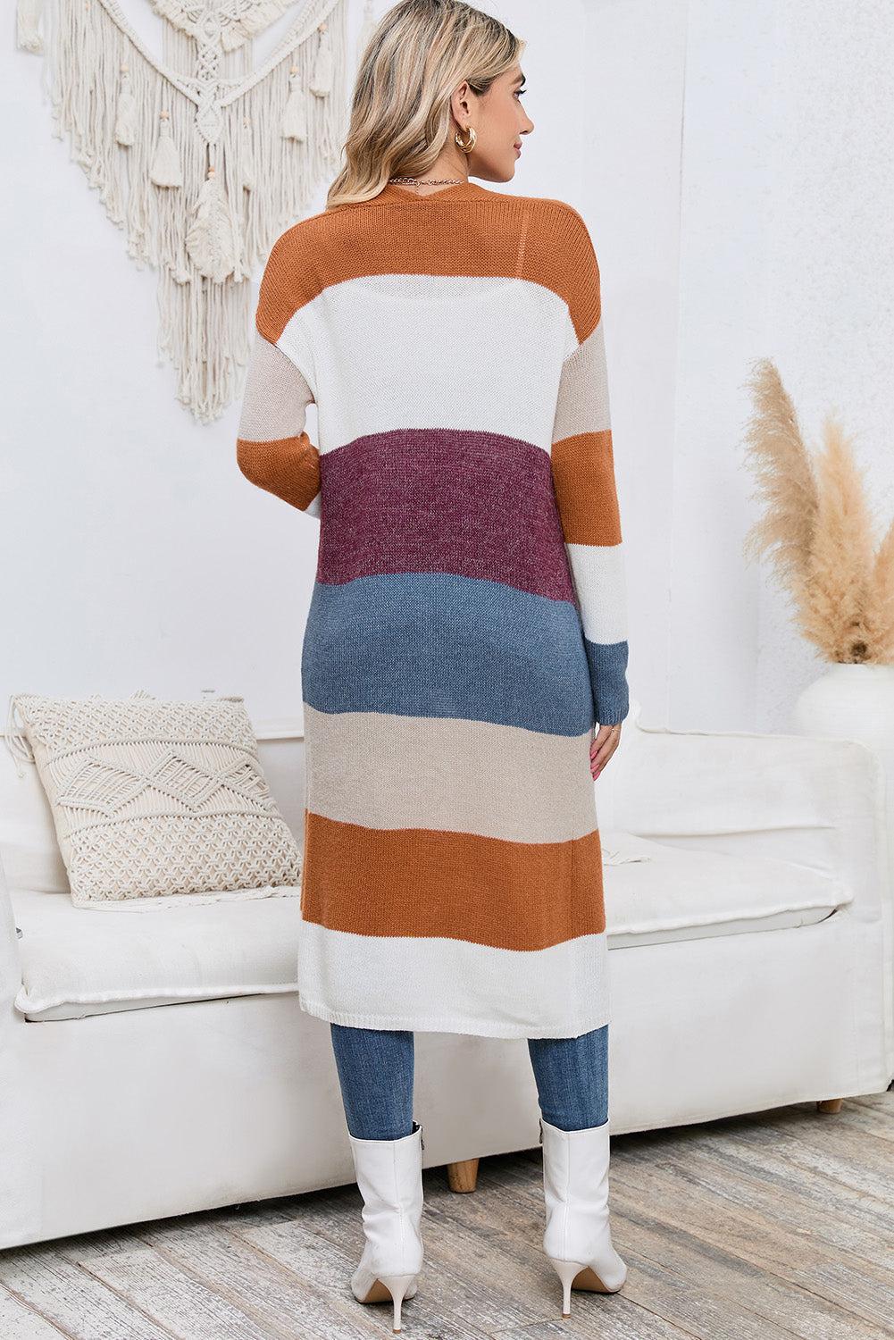 Long Color Block Open Front Pocketed Cardigan BLUE ZONE PLANET