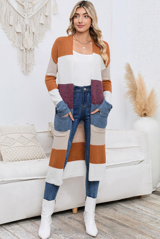 Long Color Block Open Front Pocketed Cardigan BLUE ZONE PLANET