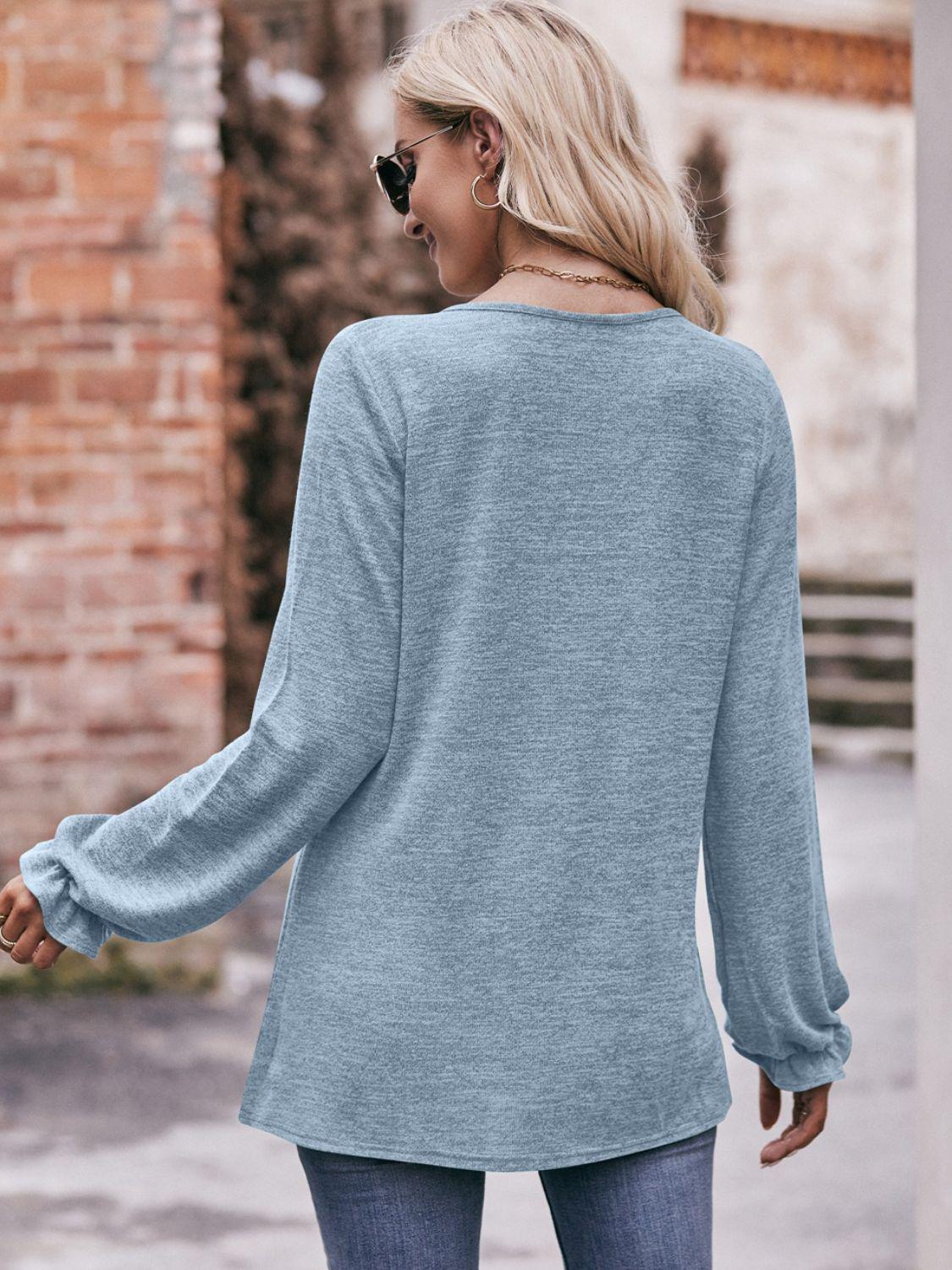 Long Flounce Sleeve Round Neck Blouse BLUE ZONE PLANET