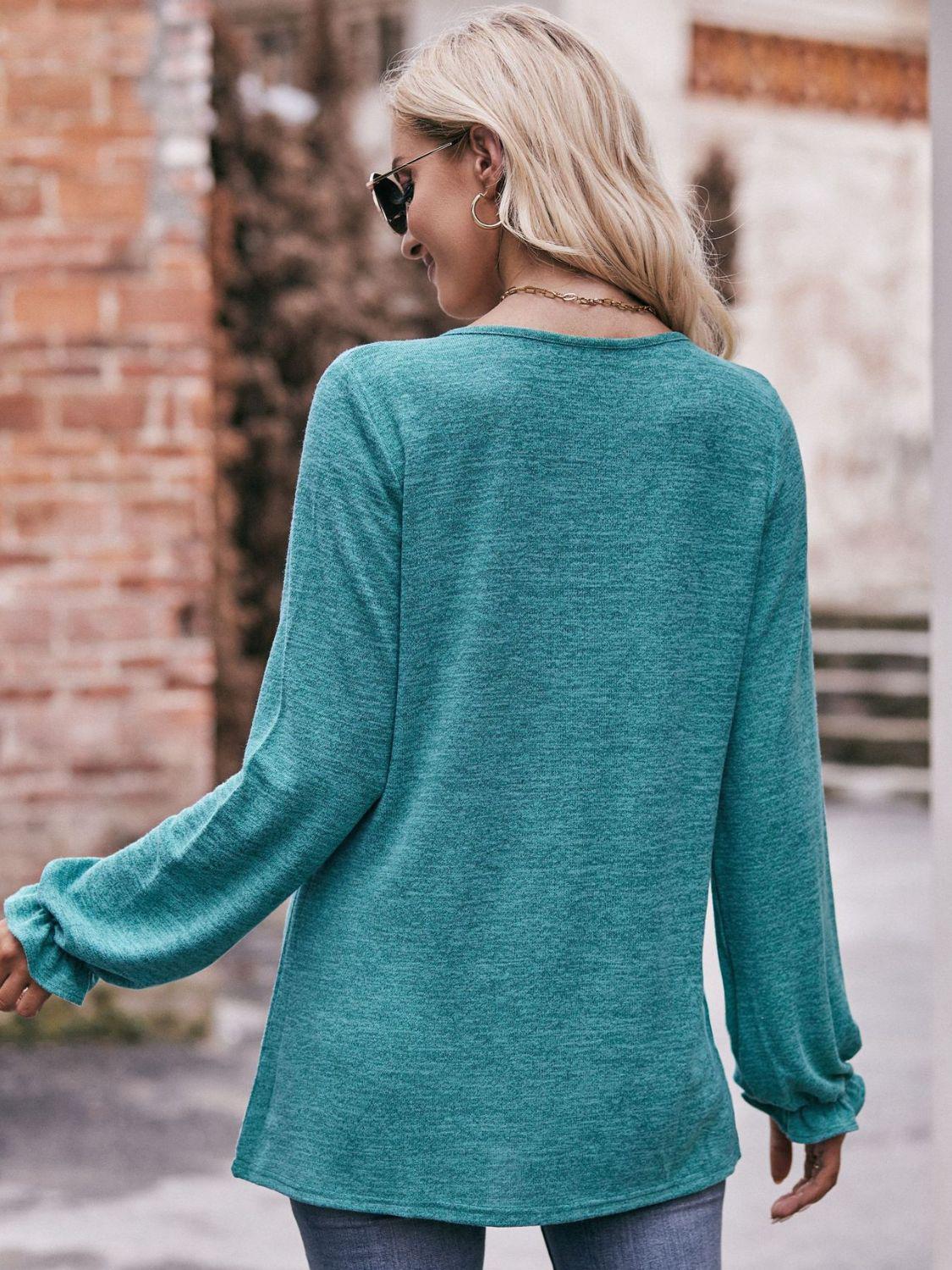 Long Flounce Sleeve Round Neck Blouse BLUE ZONE PLANET