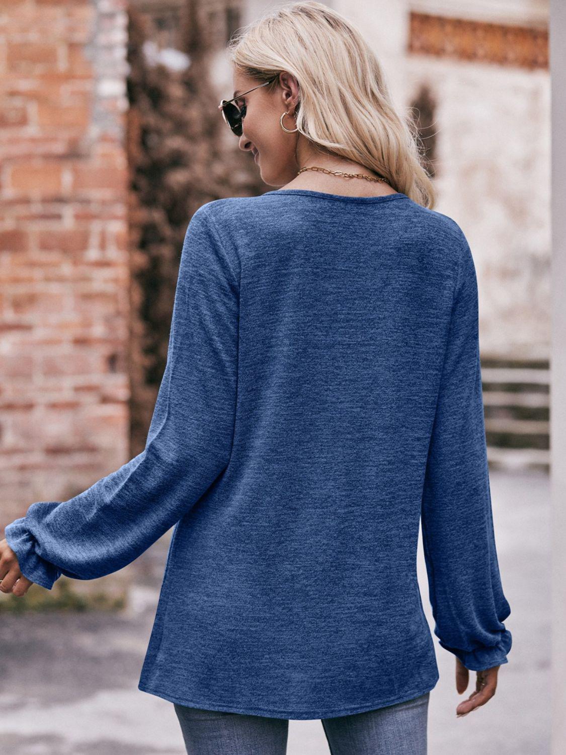 Long Flounce Sleeve Round Neck Blouse BLUE ZONE PLANET