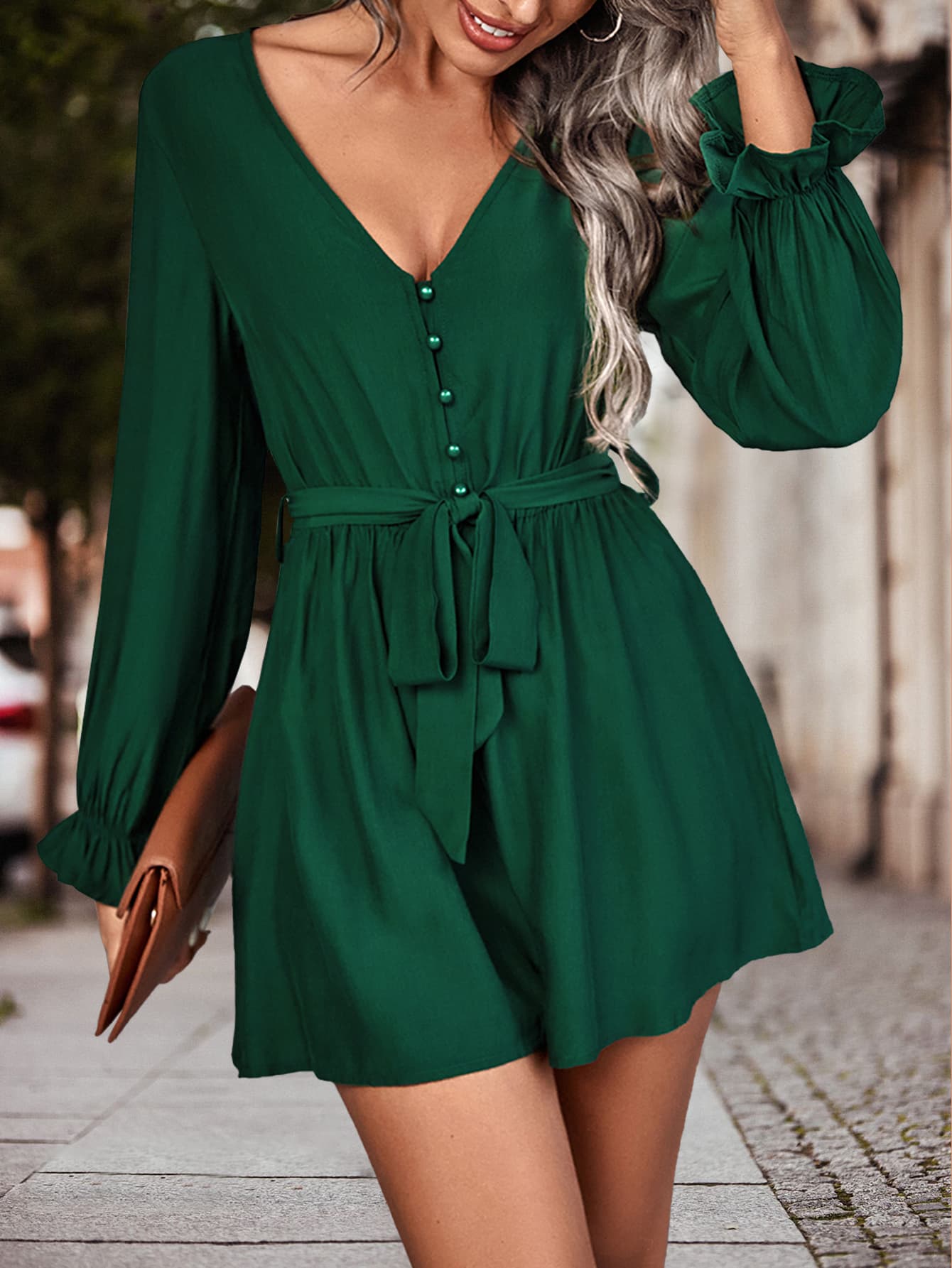 Long Flounce Sleeve V-Neck Romper BLUE ZONE PLANET