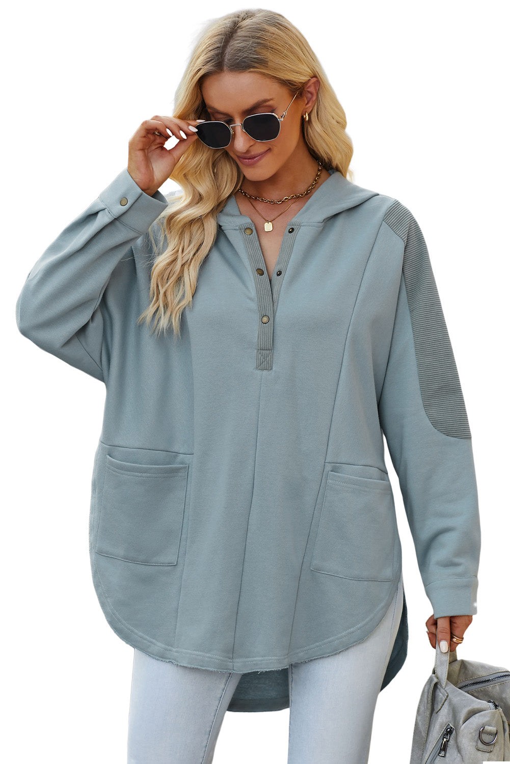 Long Sleeve Buttoned Hoodie with Pockets BLUE ZONE PLANET