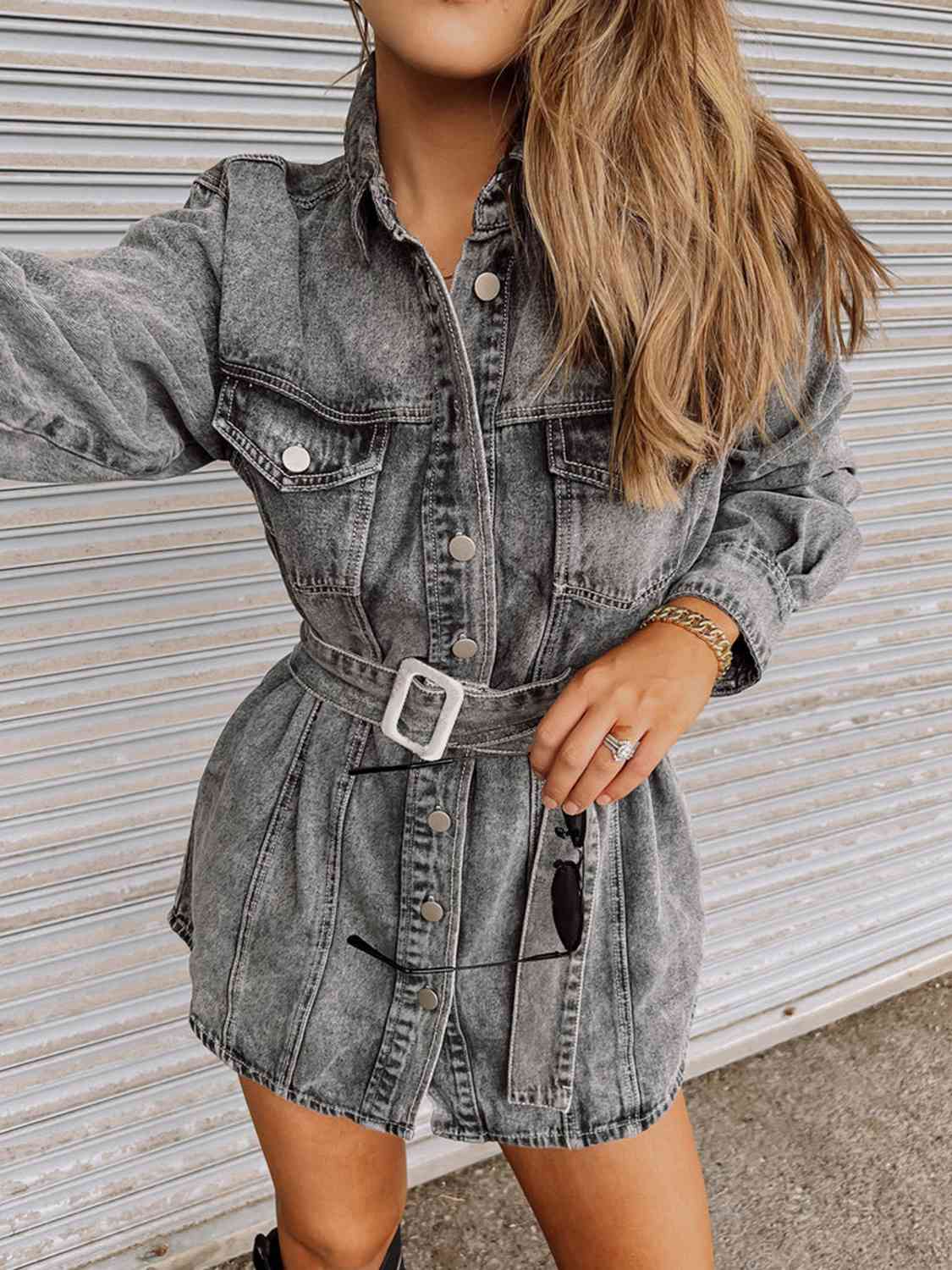 Long Sleeve Collared Denim Dress BLUE ZONE PLANET