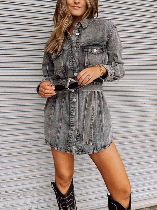 Long Sleeve Collared Denim Dress BLUE ZONE PLANET