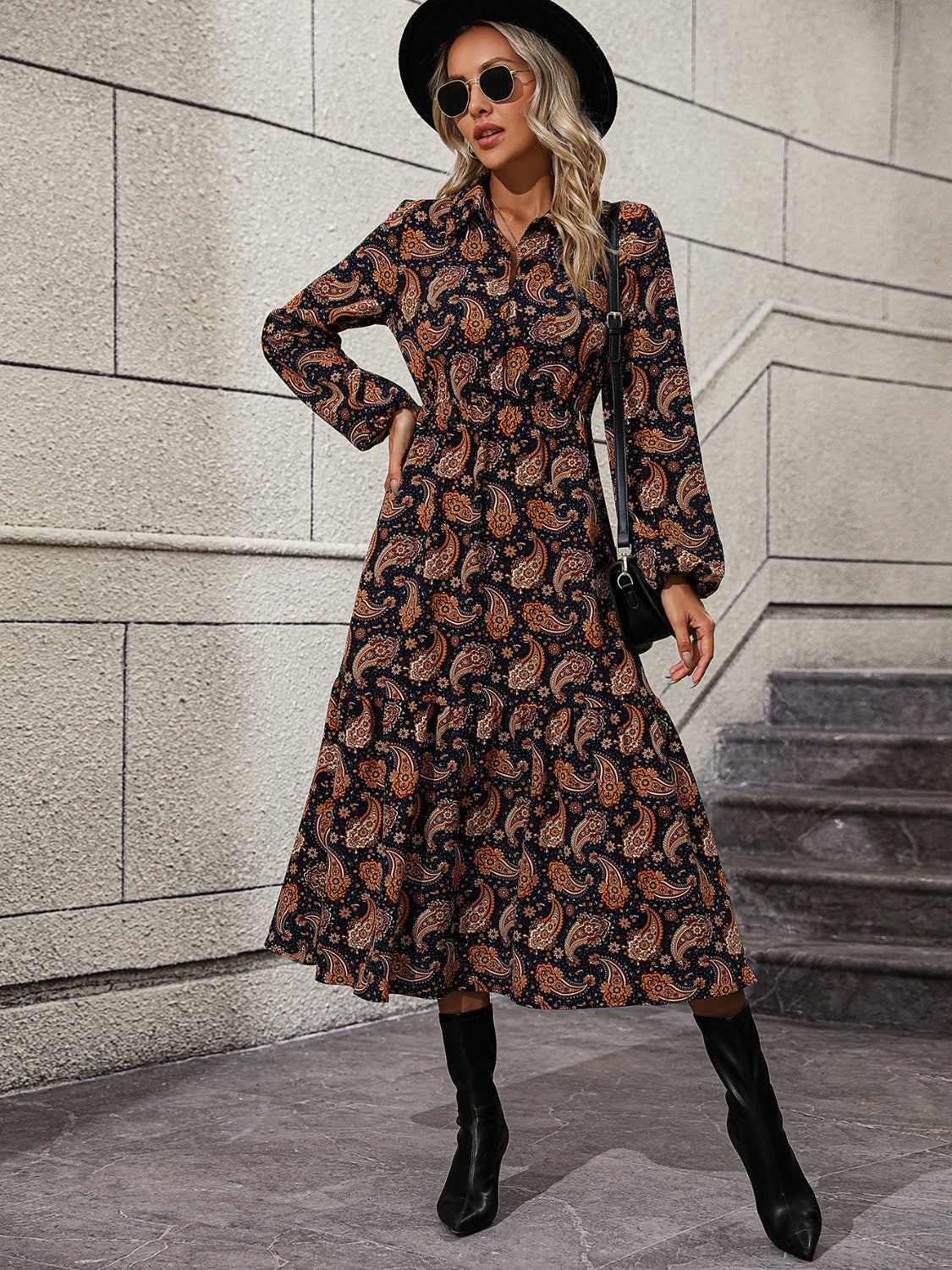 Long Sleeve Collared Midi Dress BLUE ZONE PLANET