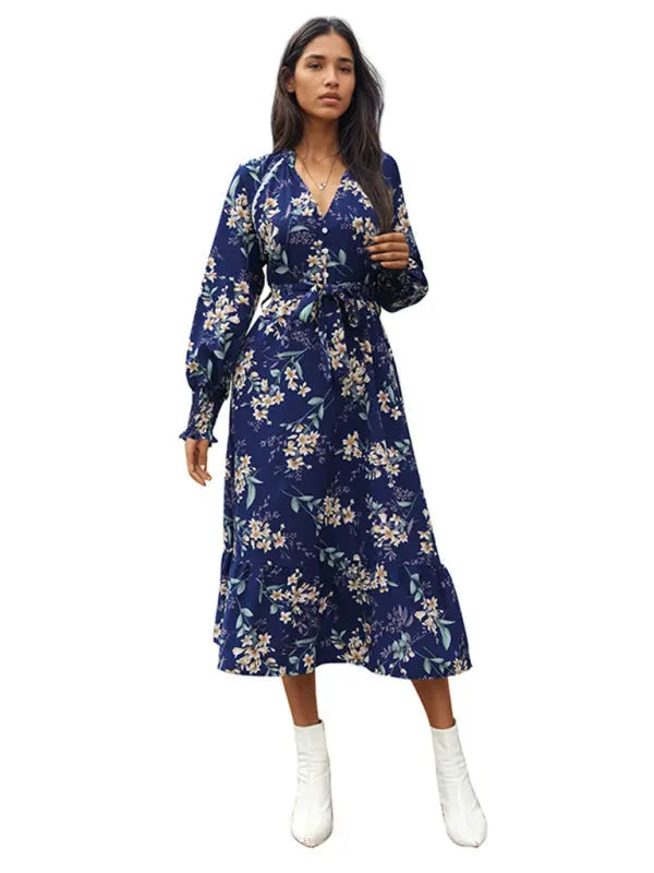 Long Sleeve Flower Print Dress BLUE ZONE PLANET