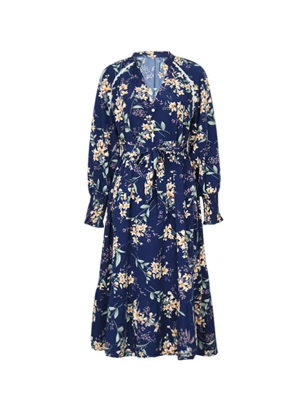 Long Sleeve Flower Print Dress BLUE ZONE PLANET