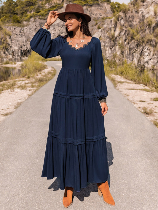 Long Sleeve Lace Trim Maxi Dress BLUE ZONE PLANET