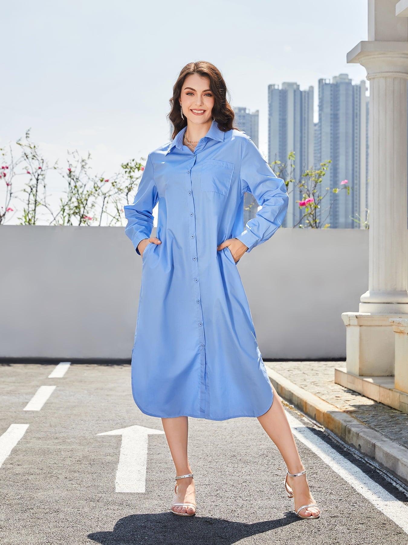 Long Sleeve Side Slit Midi Shirt Dresss BLUE ZONE PLANET