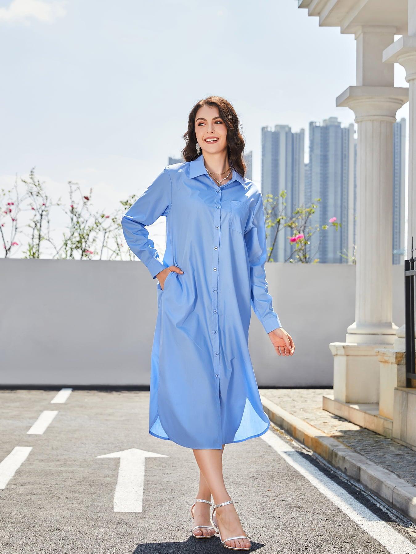 Long Sleeve Side Slit Midi Shirt Dresss BLUE ZONE PLANET