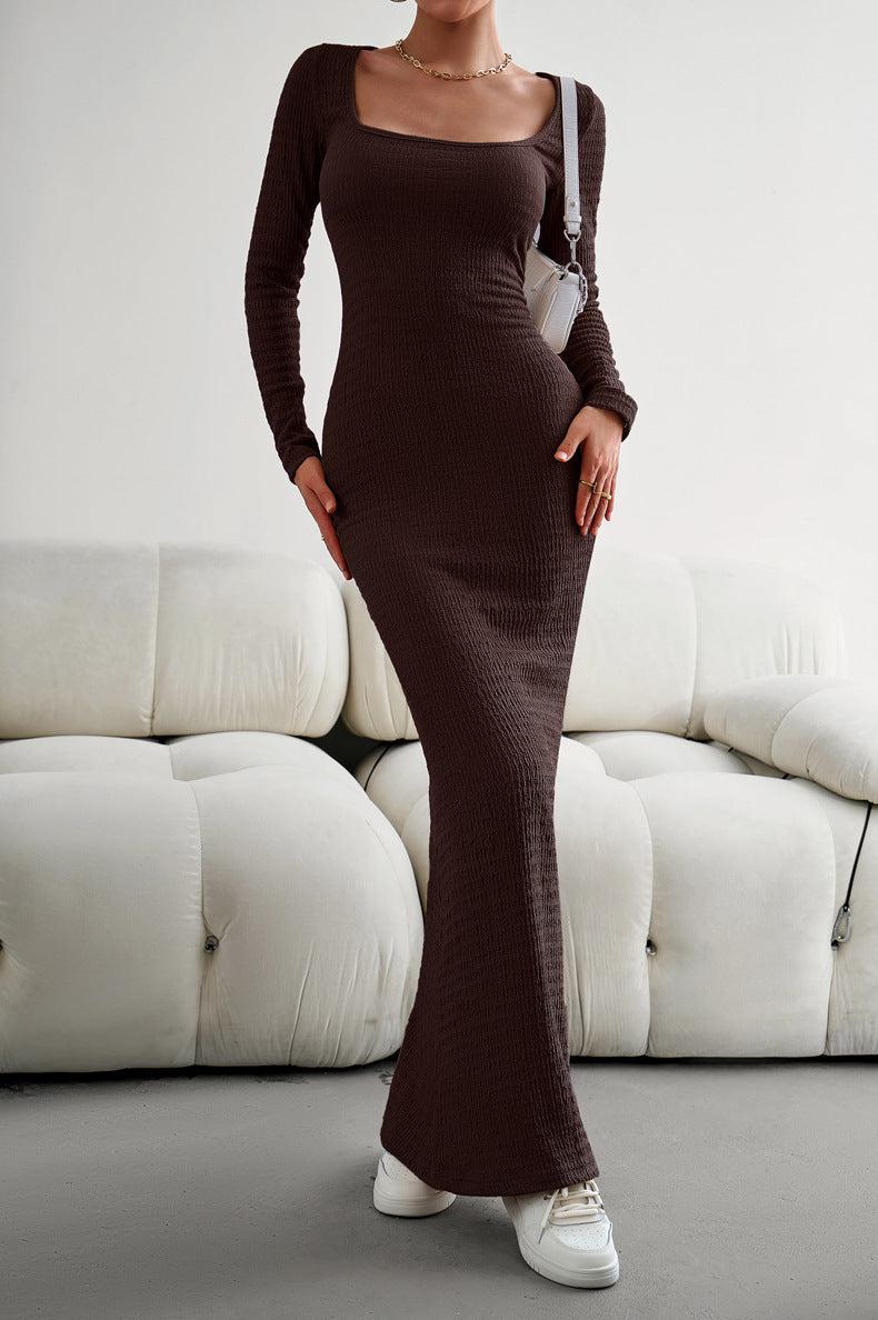 Long Sleeve Square Neck Maxi Bodycon Dress BLUE ZONE PLANET