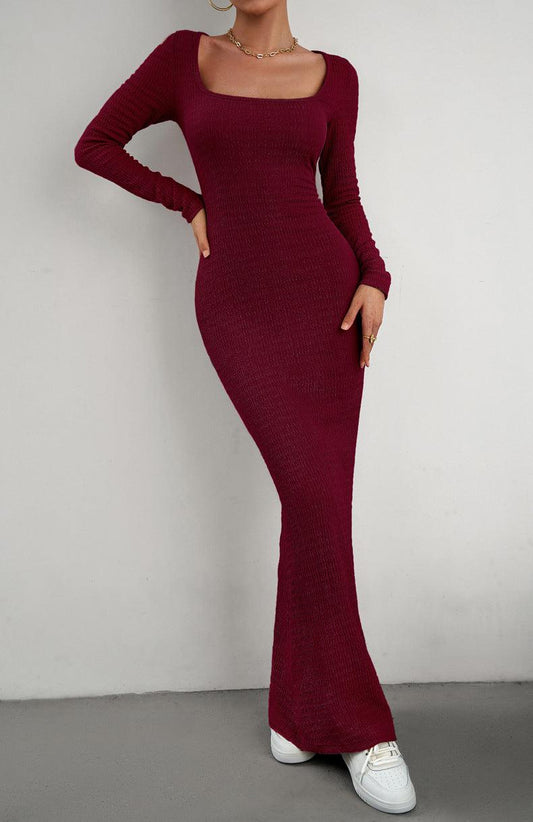 Long Sleeve Square Neck Maxi Bodycon Dress BLUE ZONE PLANET